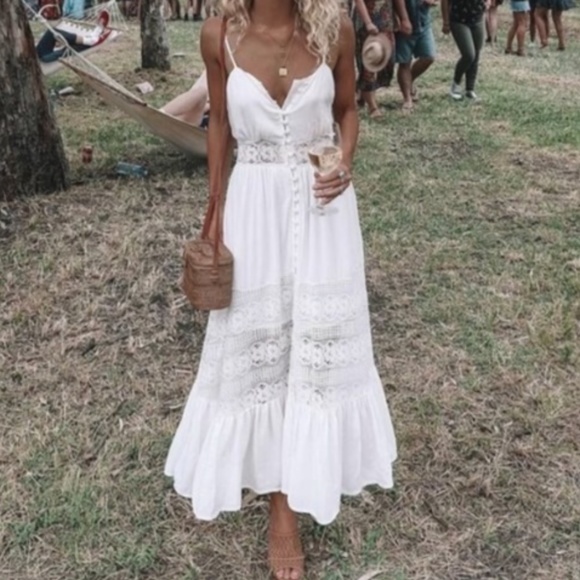 Bohemian White lace button up cami open back ruffle dress - Picture 6 of 6